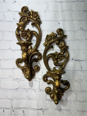VTG 1971 HOMCO gold ornate wall sconce candle holders #4118